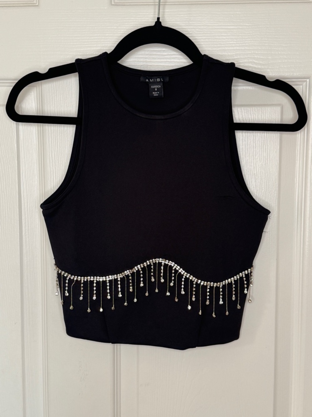 Amisu Black Crystal Fringe Crop Top